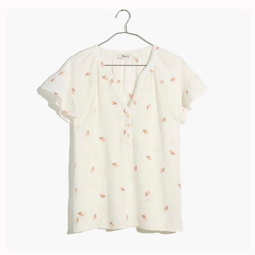 Madewell White Crinkle V-Neck Blouse with Pale Pink Floral Print